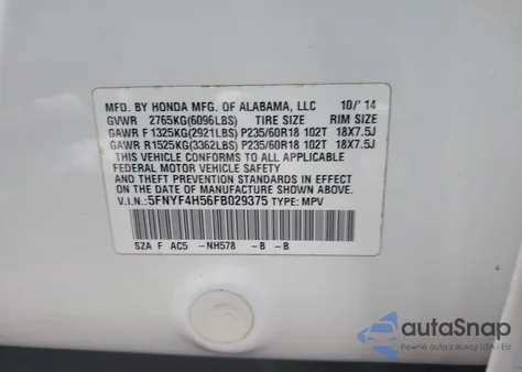 2015 Honda Pilot Ex-L z USA, uszkodzony, nr VIN 5FNYF4H56FB029375